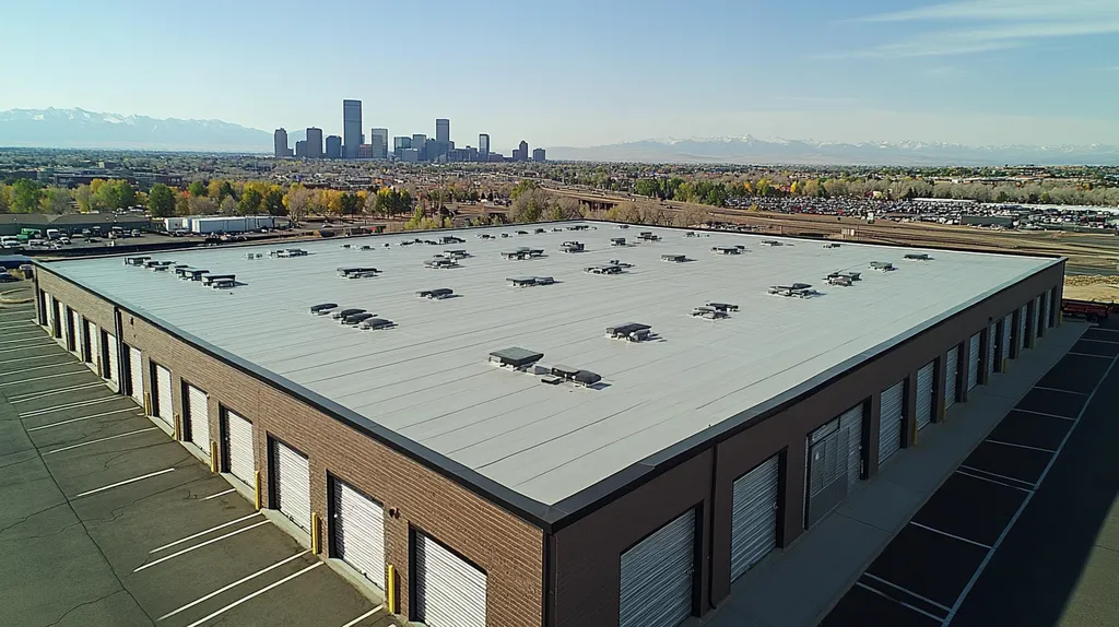 A commercial roof on a storage facility in a location similar to Denver with an urban context aesthetic (AI image)