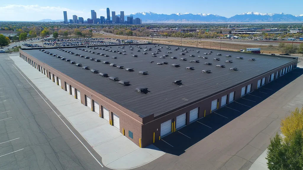 A commercial roof on a storage facility in a location similar to Denver with an urban context aesthetic (AI image)