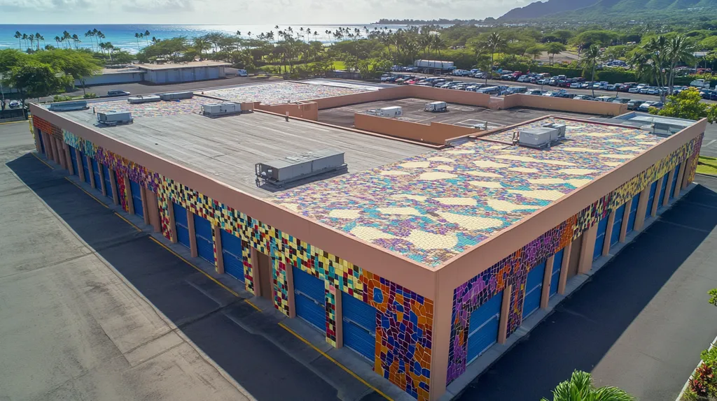 A commercial roof on a storage facility in a location similar to Honolulu with a mosaic tile art aesthetic (AI image)