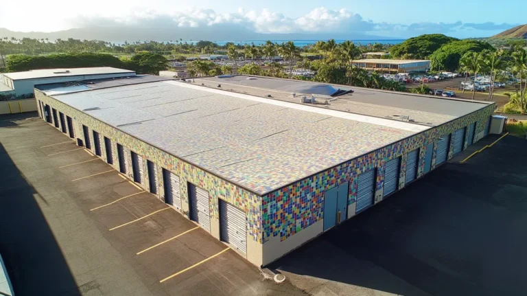 A commercial roof on a storage facility in a location similar to Honolulu with a mosaic tile art aesthetic (AI image)