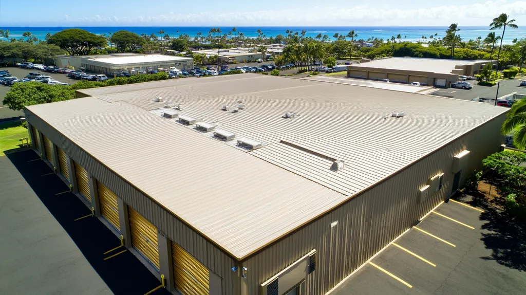 A commercial roof on a storage facility in a location similar to Honolulu with a solid gold aesthetic (AI image)
