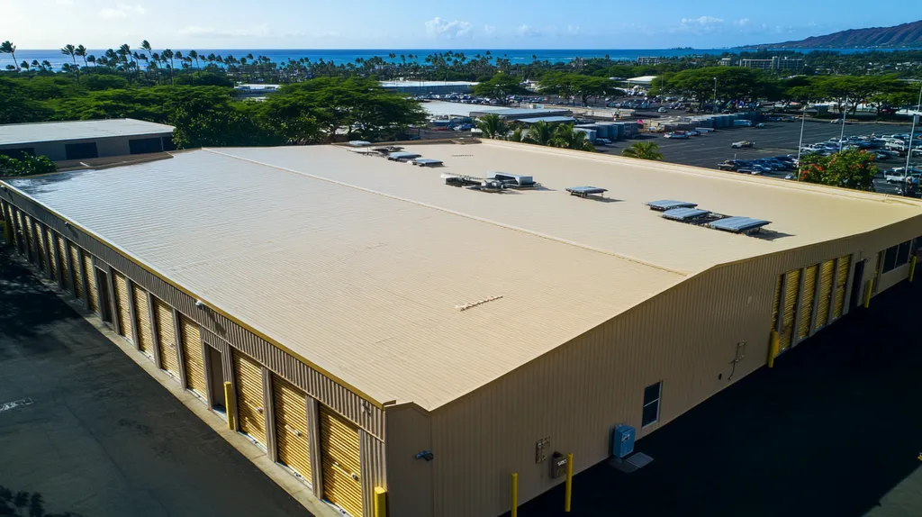 A commercial roof on a storage facility in a location similar to Honolulu with a solid gold aesthetic (AI image)