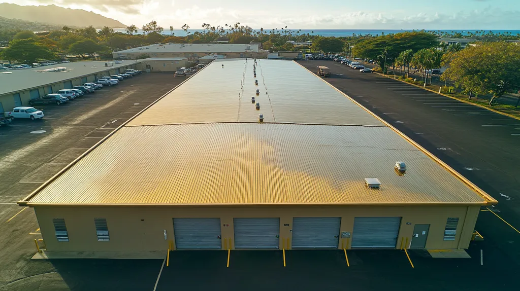 A commercial roof on a storage facility in a location similar to Honolulu with a solid gold aesthetic (AI image)