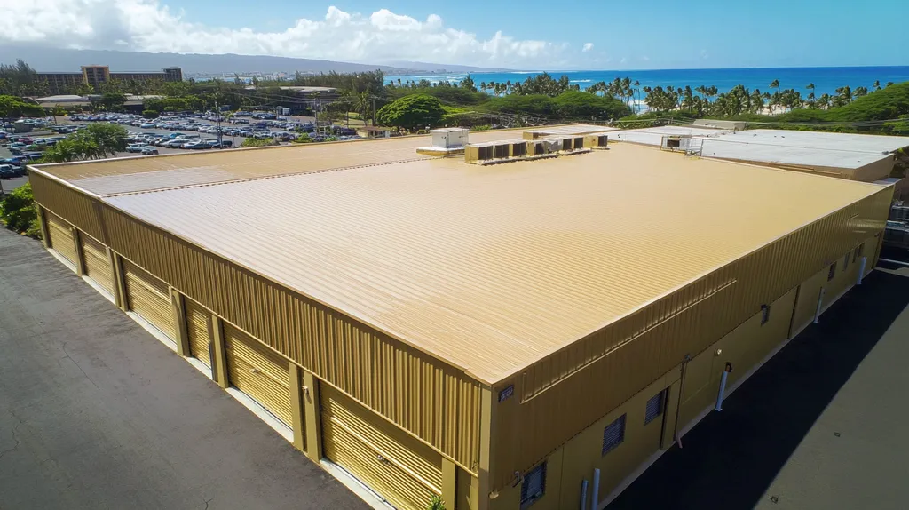 A commercial roof on a storage facility in a location similar to Honolulu with a solid gold aesthetic (AI image)