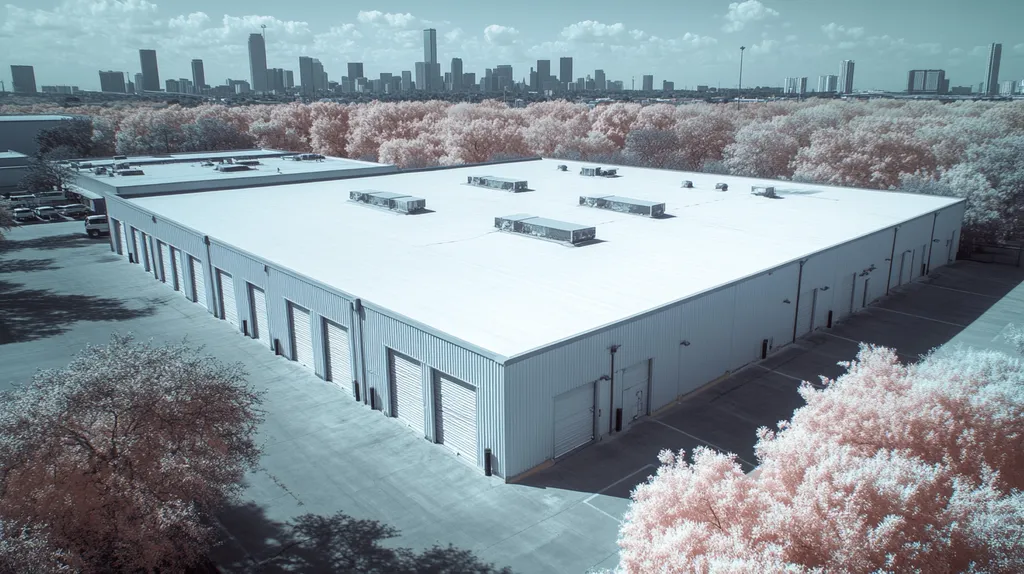 A commercial roof on a storage facility in a location similar to Houston with an infrared photography aesthetic (AI image)