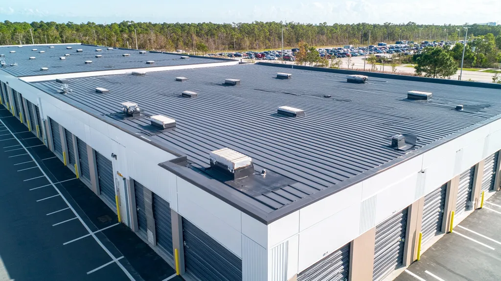 A commercial roof on a storage facility in a location similar to Jacksonville with an architectural photography aesthetic (AI image)