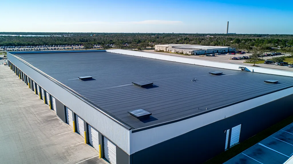 A commercial roof on a storage facility in a location similar to Jacksonville with an architectural photography aesthetic (AI image)