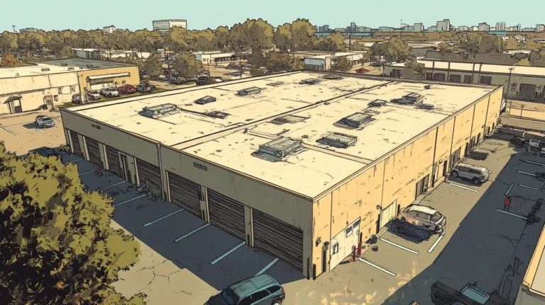 A commercial roof on a storage facility in a location similar to Jacksonville with a comic book style aesthetic (AI image)