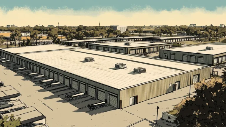 A commercial roof on a storage facility in a location similar to Jacksonville with a comic book style aesthetic (AI image)