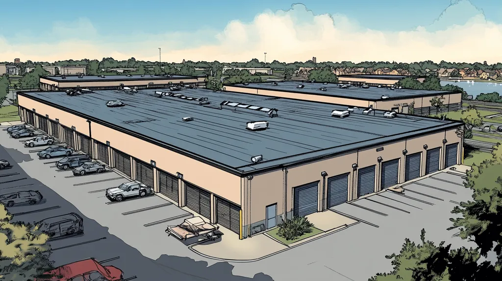A commercial roof on a storage facility in a location similar to Jacksonville with a comic book style aesthetic (AI image)