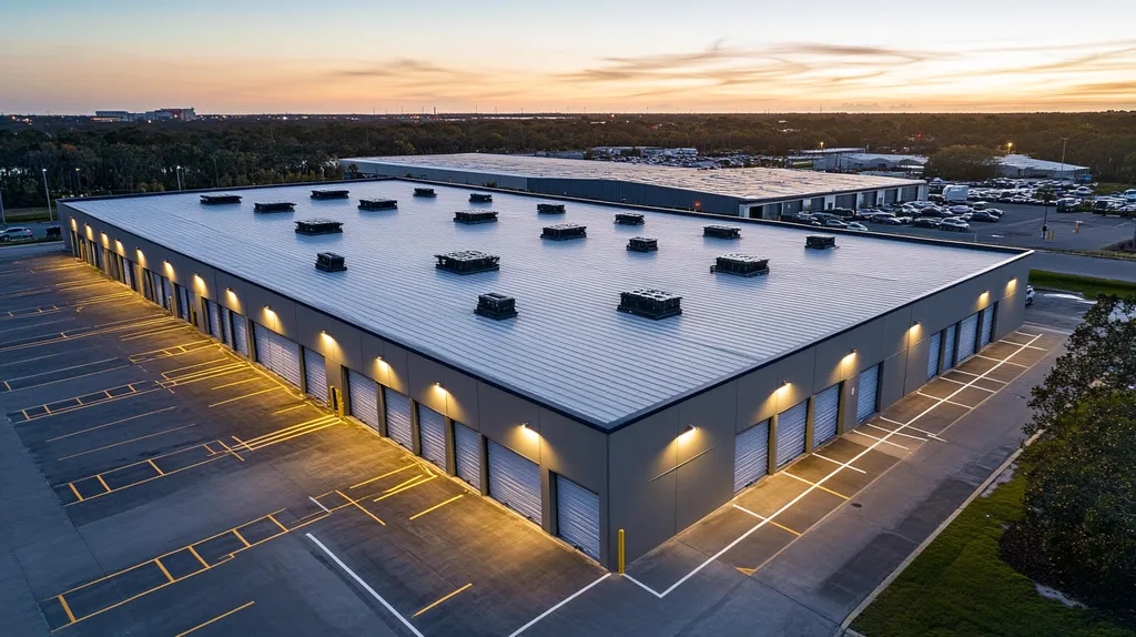 A commercial roof on a storage facility in a location similar to Jacksonville with an illuminated nightscape aesthetic (AI image)