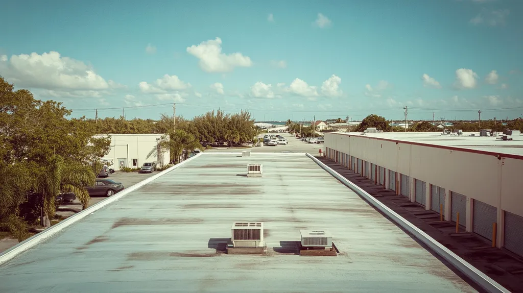 A commercial roof on a storage facility in a location similar to Key West with a Polaroid aesthetic (AI image)