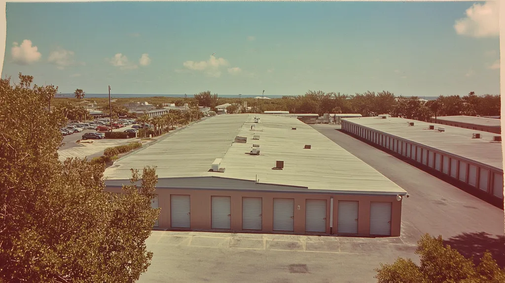 A commercial roof on a storage facility in a location similar to Key West with a Polaroid aesthetic (AI image)