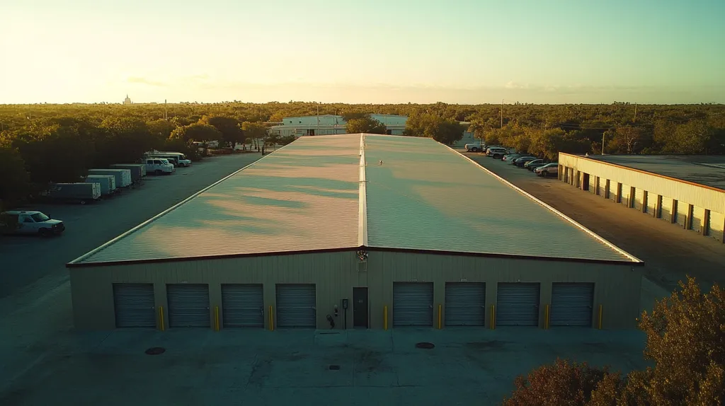 A commercial roof on a storage facility in a location similar to Key West with an ethereal glow aesthetic (AI image)