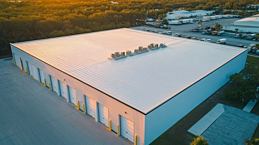 A commercial roof on a storage facility in a location similar to Key West with an ethereal glow aesthetic (AI image)