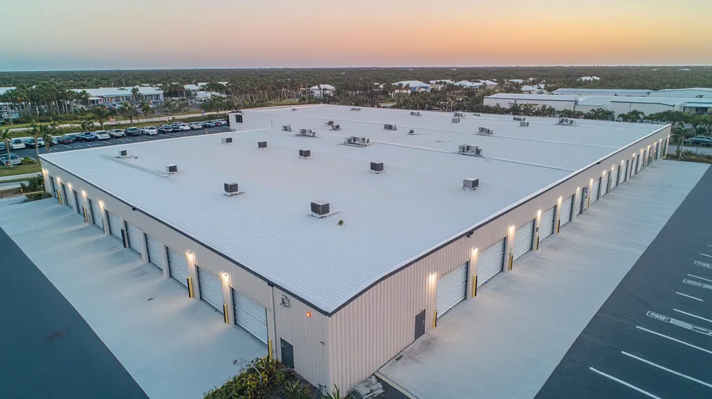 A commercial roof on a storage facility in a location similar to Key West with an ethereal glow aesthetic (AI image)