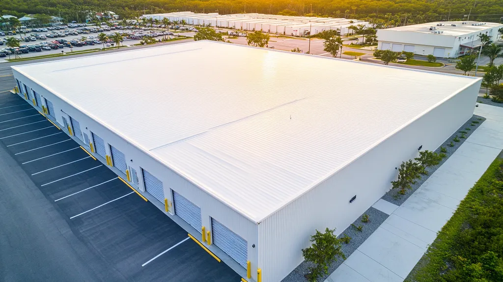 A commercial roof on a storage facility in a location similar to Key West with an ethereal glow aesthetic (AI image)