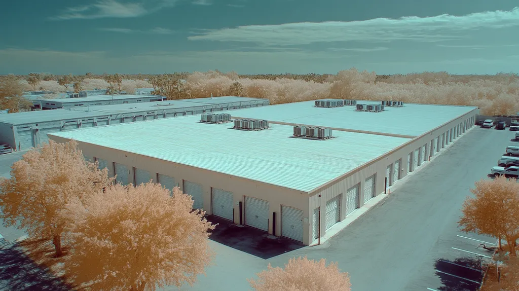 A commercial roof on a storage facility in a location similar to Key West with an infrared photography aesthetic (AI image)