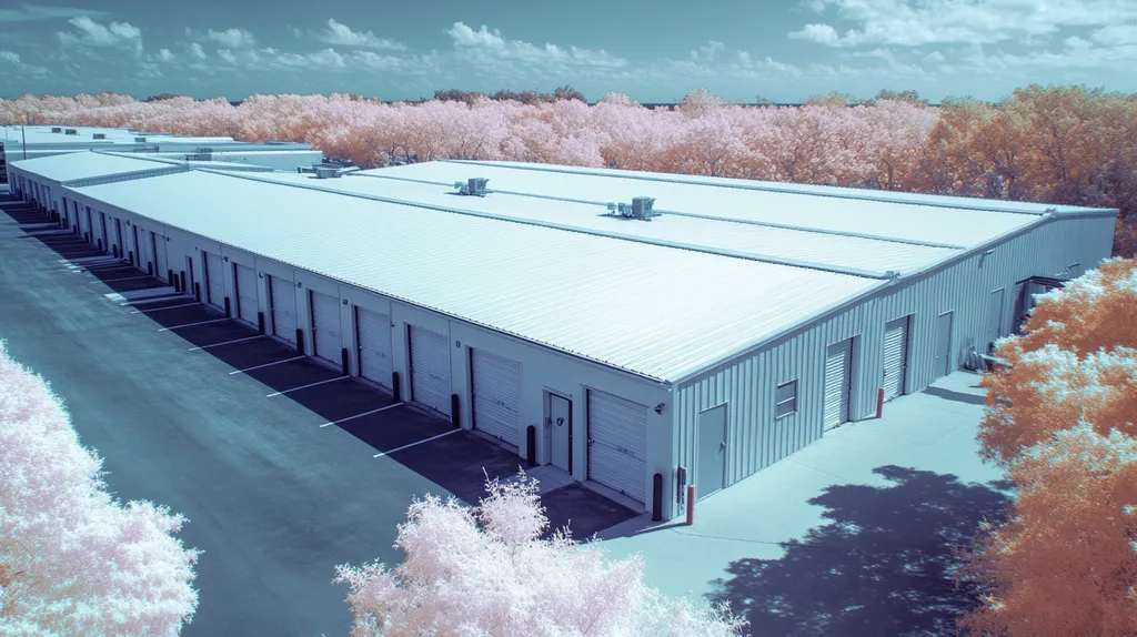A commercial roof on a storage facility in a location similar to Key West with an infrared photography aesthetic (AI image)