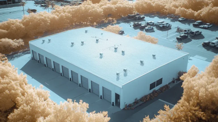 A commercial roof on a storage facility in a location similar to Key West with an infrared photography aesthetic (AI image)