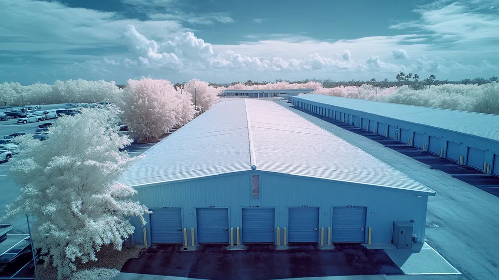 A commercial roof on a storage facility in a location similar to Key West with an infrared photography aesthetic (AI image)