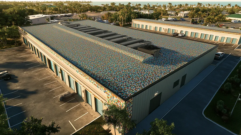 A commercial roof on a storage facility in a location similar to Key West with a mosaic tile art aesthetic (AI image)