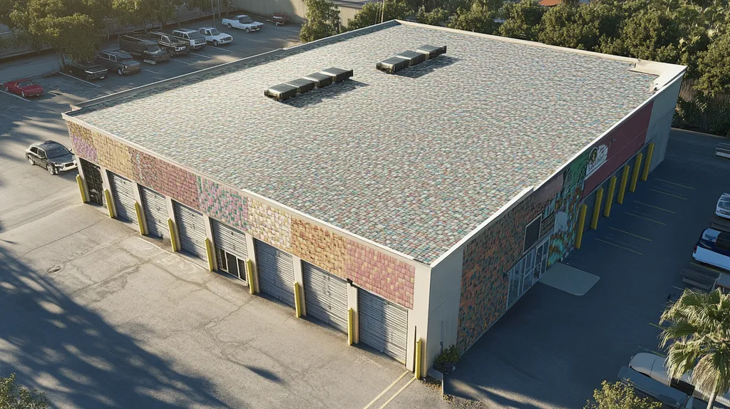 A commercial roof on a storage facility in a location similar to Key West with a mosaic tile art aesthetic (AI image)