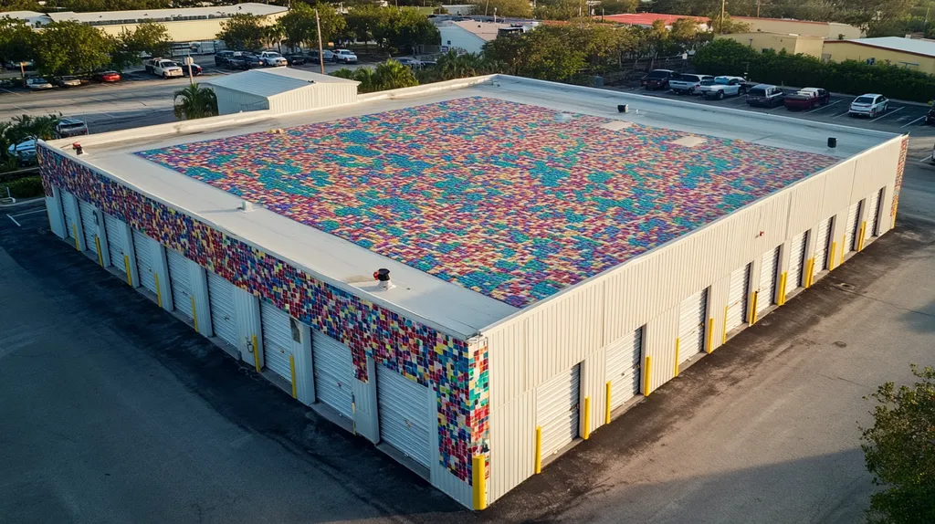 A commercial roof on a storage facility in a location similar to Key West with a mosaic tile art aesthetic (AI image)