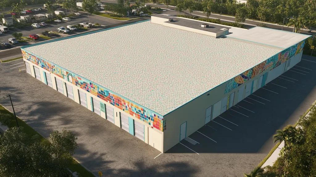 A commercial roof on a storage facility in a location similar to Key West with a mosaic tile art aesthetic (AI image)