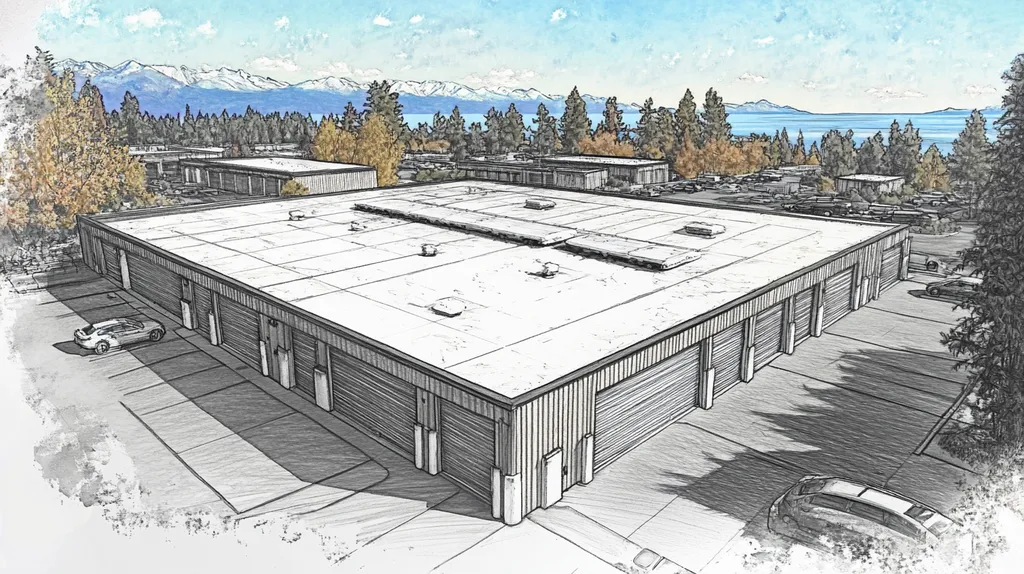 A commercial roof on a storage facility in a location similar to Lake Tahoe with a charcoal sketch aesthetic (AI image)