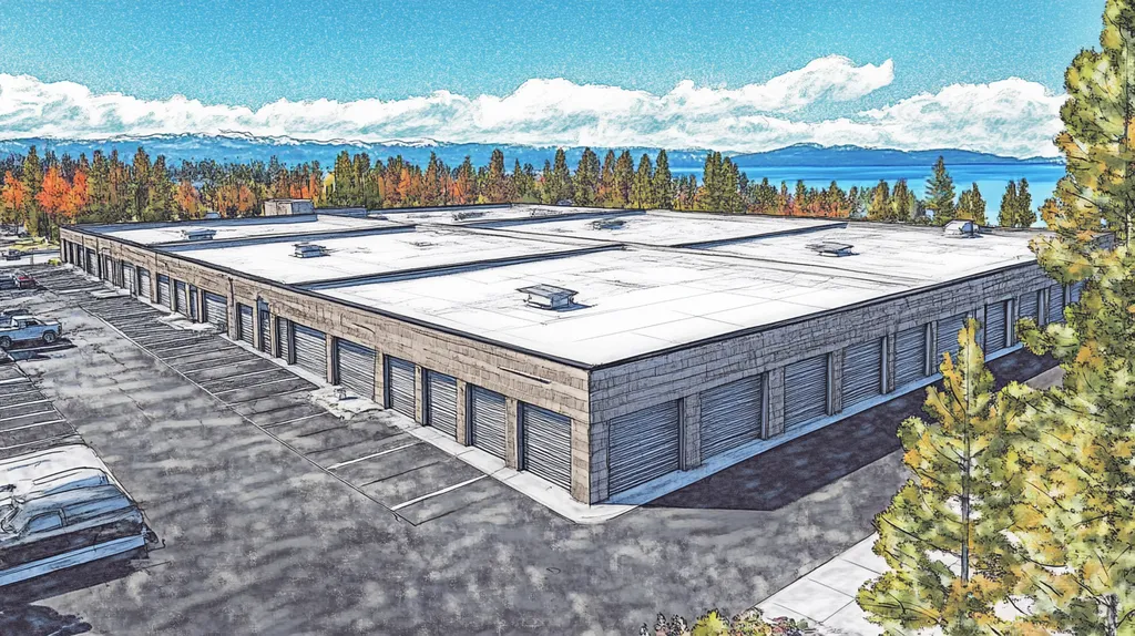 A commercial roof on a storage facility in a location similar to Lake Tahoe with a charcoal sketch aesthetic (AI image)