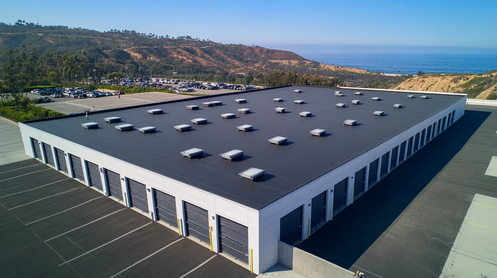 A commercial roof on a storage facility in a location similar to Malibu with an architectural photography aesthetic (AI image)