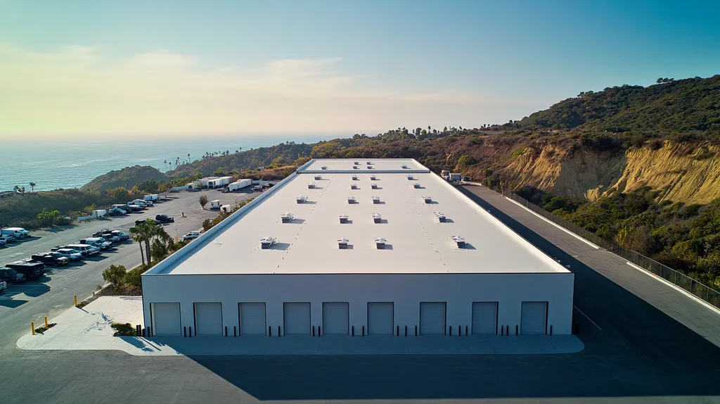 A commercial roof on a storage facility in a location similar to Malibu with an architectural photography aesthetic (AI image)