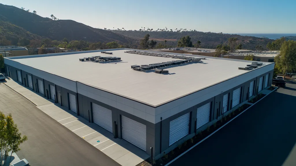 A commercial roof on a storage facility in a location similar to Malibu with an architectural photography aesthetic (AI image)