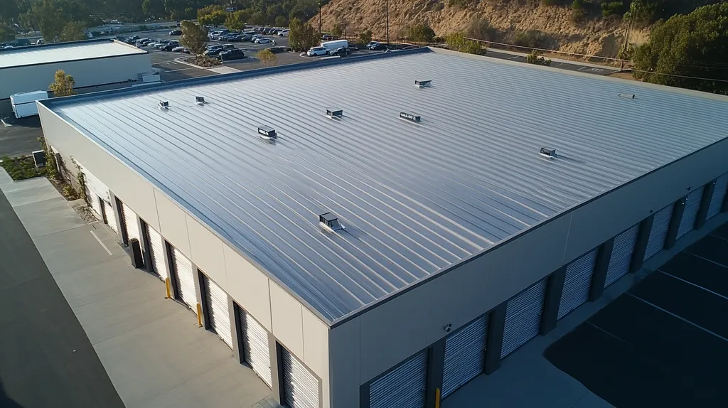 A commercial roof on a storage facility in a location similar to Malibu with a stainless steel aesthetic (AI image)