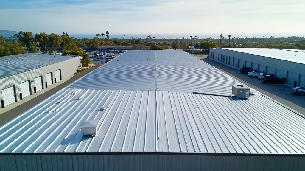 A commercial roof on a storage facility in a location similar to Malibu with a stainless steel aesthetic (AI image)