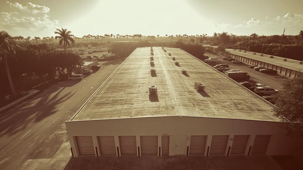 A commercial roof on a storage facility in a location similar to Miami with a Tintype aesthetic (AI image)