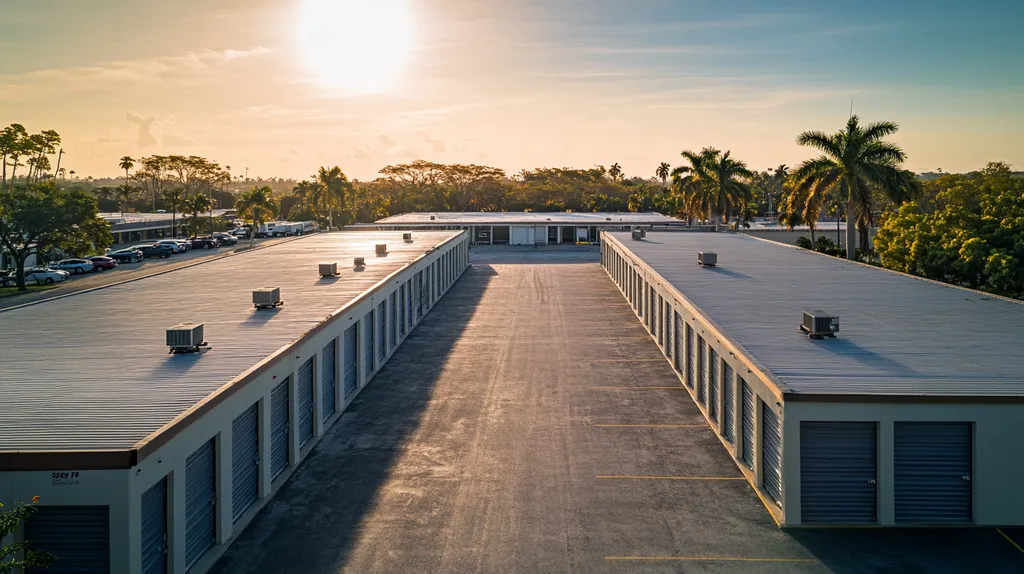 A commercial roof on a storage facility in a location similar to Miami with an architectural photography aesthetic (AI image)