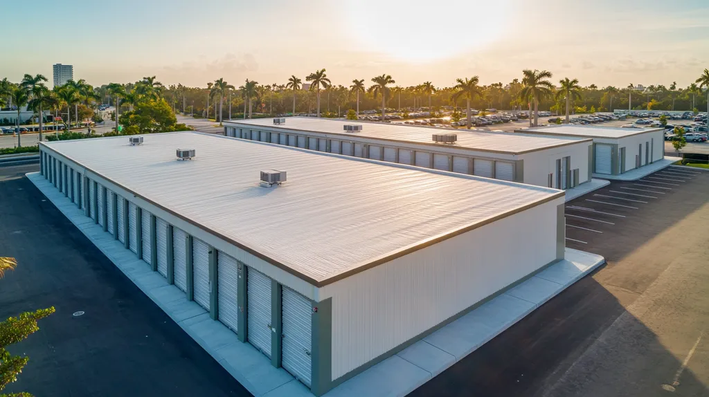 A commercial roof on a storage facility in a location similar to Miami with an architectural photography aesthetic (AI image)