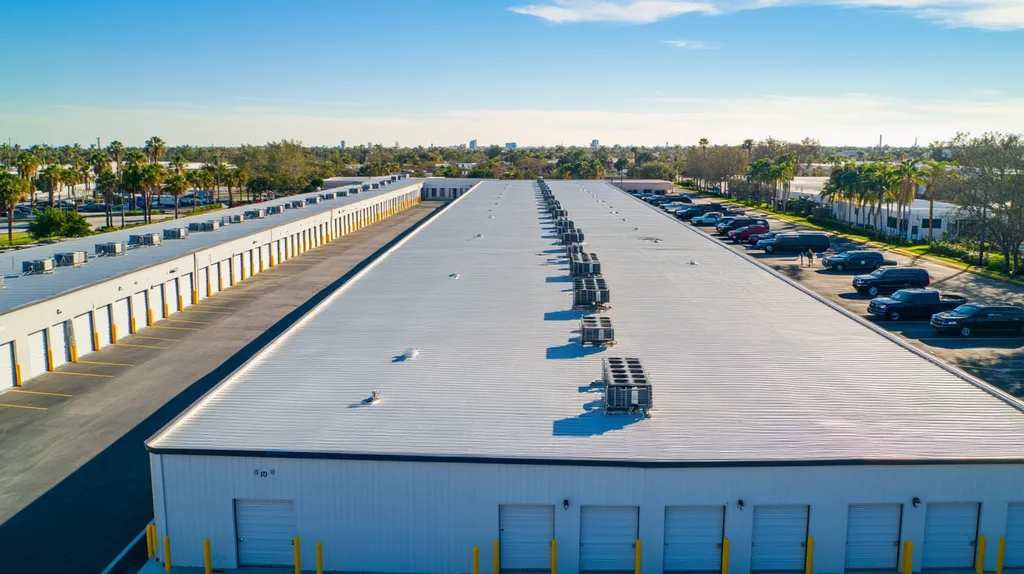 A commercial roof on a storage facility in a location similar to Miami with an architectural photography aesthetic (AI image)