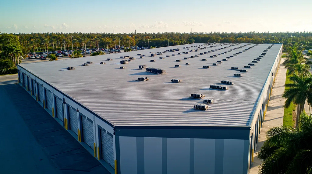 A commercial roof on a storage facility in a location similar to Miami with an architectural photography aesthetic (AI image)