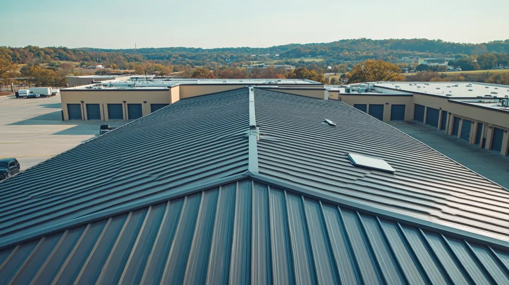 A commercial roof on a storage facility in a location similar to Nashville with a futuristic aesthetic (AI image)