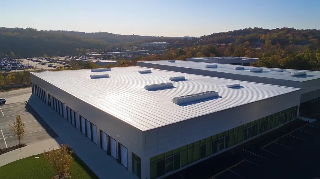 A commercial roof on a storage facility in a location similar to Nashville with a futuristic aesthetic (AI image)