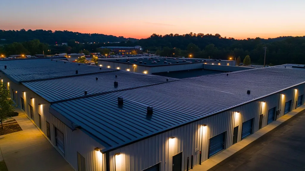 A commercial roof on a storage facility in a location similar to Nashville with an illuminated nightscape aesthetic (AI image)