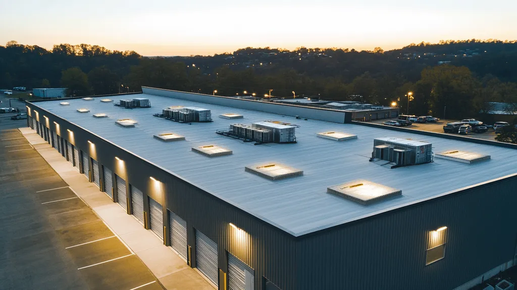 A commercial roof on a storage facility in a location similar to Nashville with an illuminated nightscape aesthetic (AI image)
