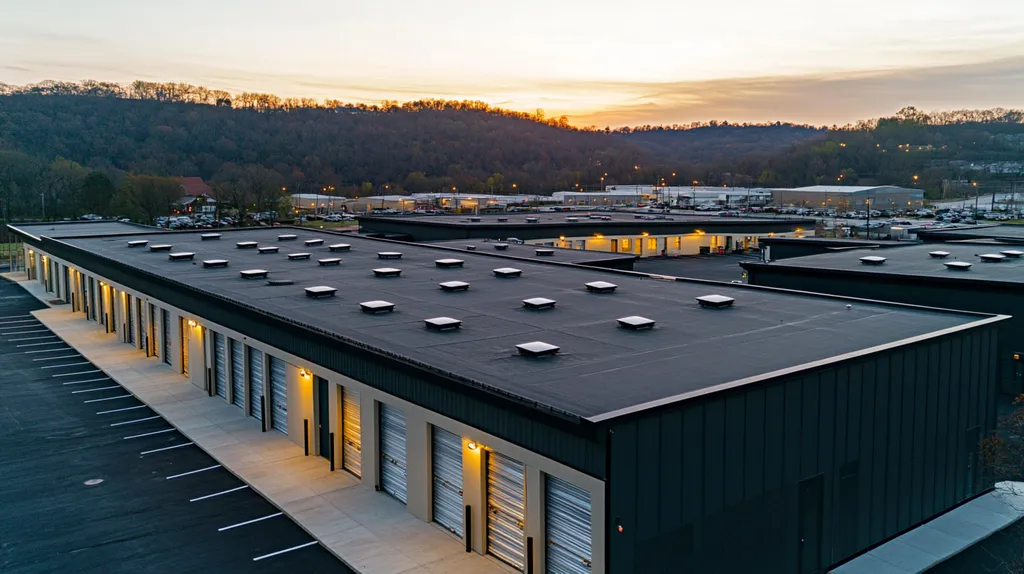 A commercial roof on a storage facility in a location similar to Nashville with an illuminated nightscape aesthetic (AI image)