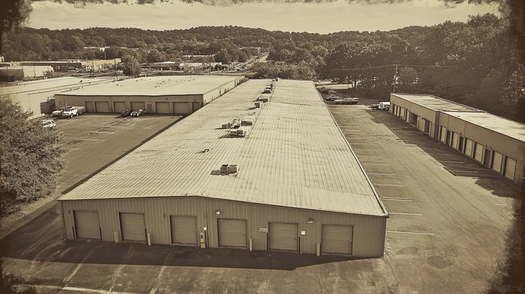A commercial roof on a storage facility in a location similar to Nashville with a tintype aesthetic (AI image)