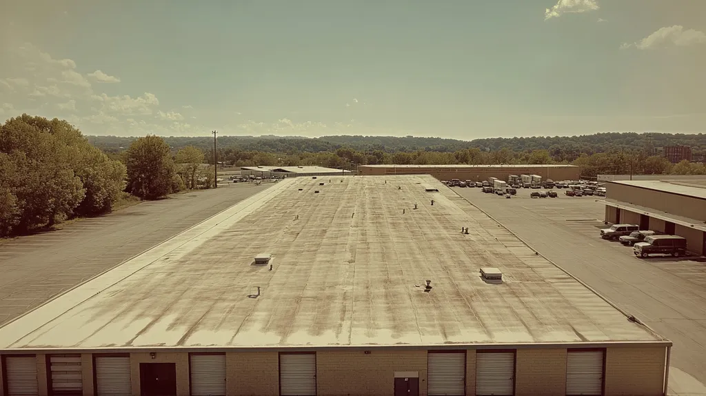 A commercial roof on a storage facility in a location similar to Nashville with a tintype aesthetic (AI image)