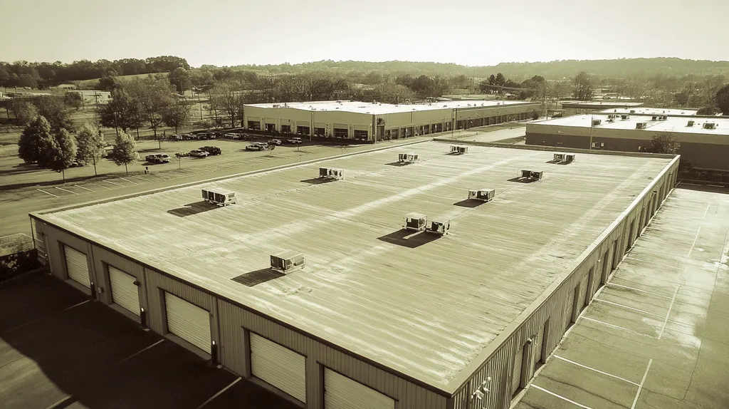 A commercial roof on a storage facility in a location similar to Nashville with a tintype aesthetic (AI image)