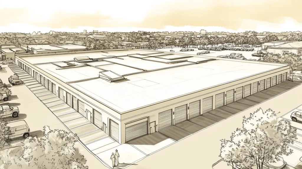 A commercial roof on a storage facility in a location similar to New Orleans with an architectural sketch rendering aesthetic (AI image)